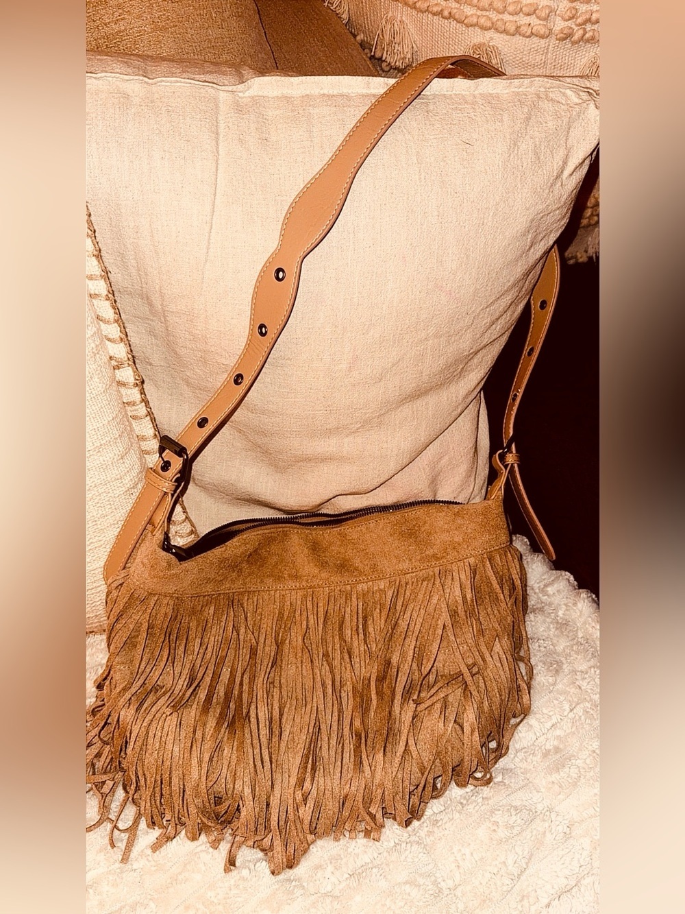 Boho Suede Fringe Crossbody Bag in Tan - Picture 13 of 13